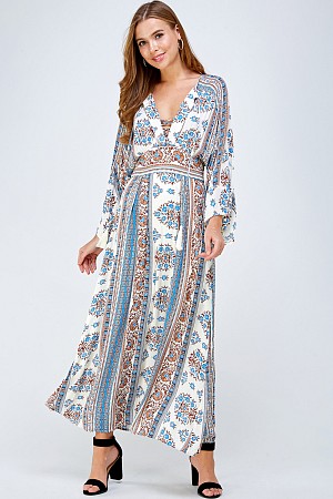 BORDER PRINT KIMONO MAXI DRESS